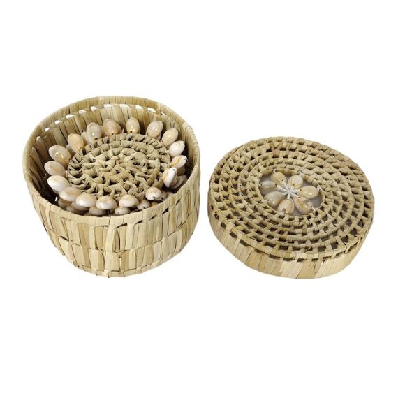 Vintage 70s Bohemian Woven Raffia Cowie Shell Coasters & Basket Coaster Holder - Picture 4 of 10